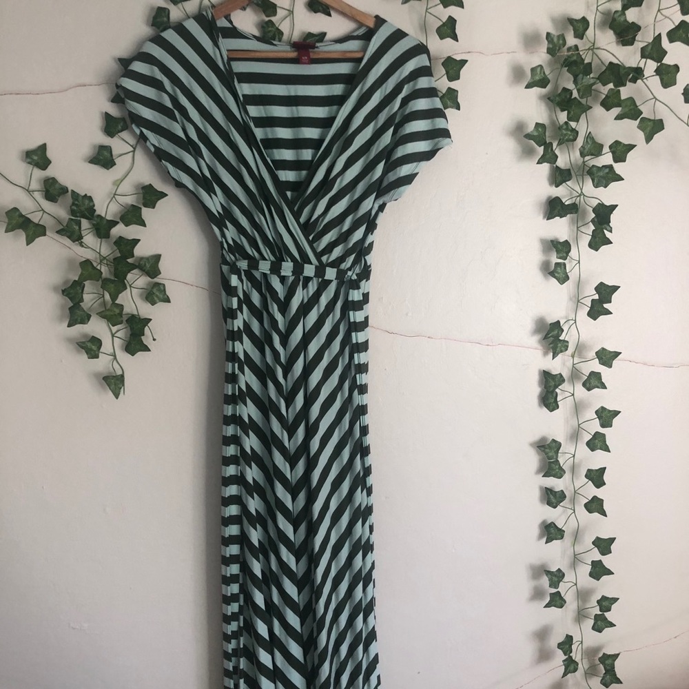 green and teal striped long dress